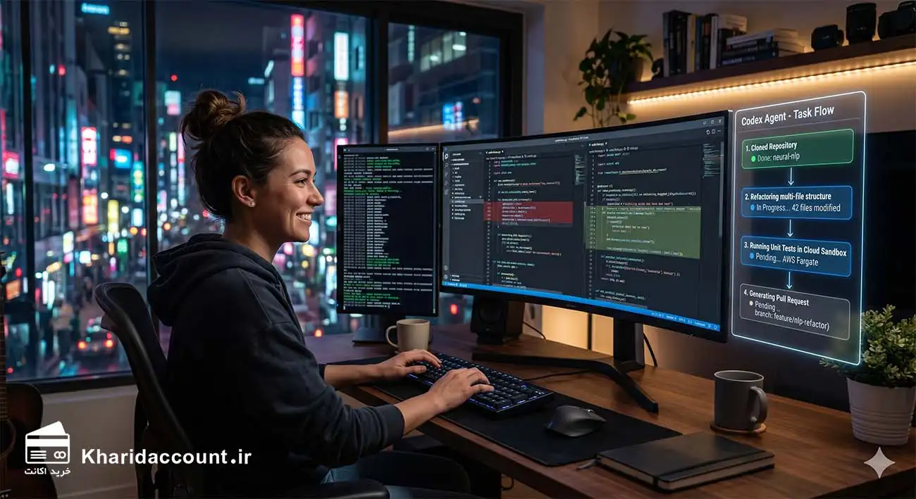 توسعهدهنده خانم در حال مشاهده اجرای ایجنت با اکانت کدنویسی کدکس روی مانیتور در یک اتاق کار مدرن.